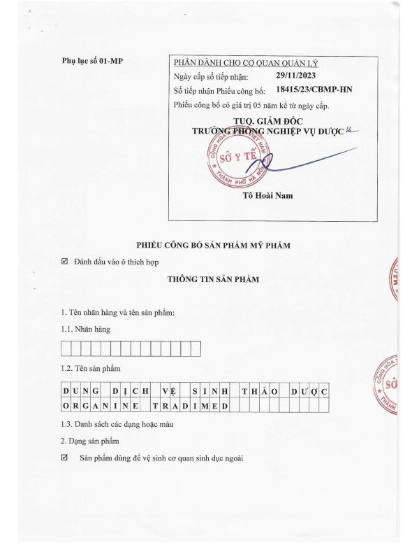 Phiếu công bố organine tradimed